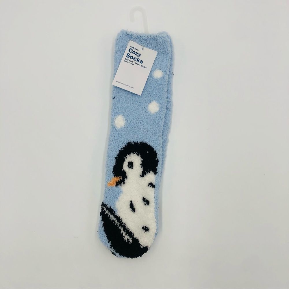 Womens Cozy Socks Light Blue Penguin Polka Dot Fuzzy Plush One Size NEW